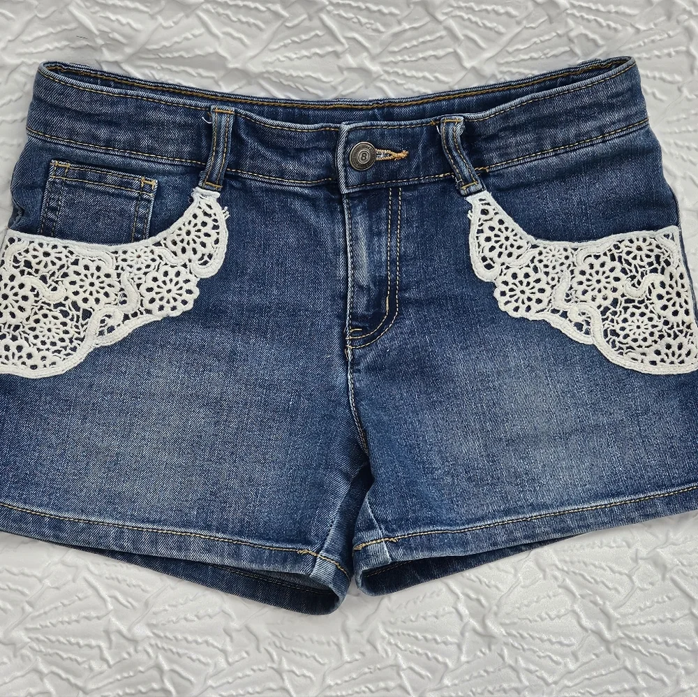 Crazy 8 Girls' Sz 14 Medium Wash Blue Stretchy Denim Crochet Lace Accents - Boho